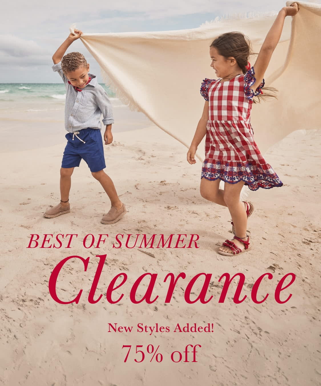Two people, a man and a woman, are standing on a beach holding up a large white cloth, with the ocean and a cloudy sky visible in the background. The text "Best of Summer Clearance" is prominently displayed at the top of the image.