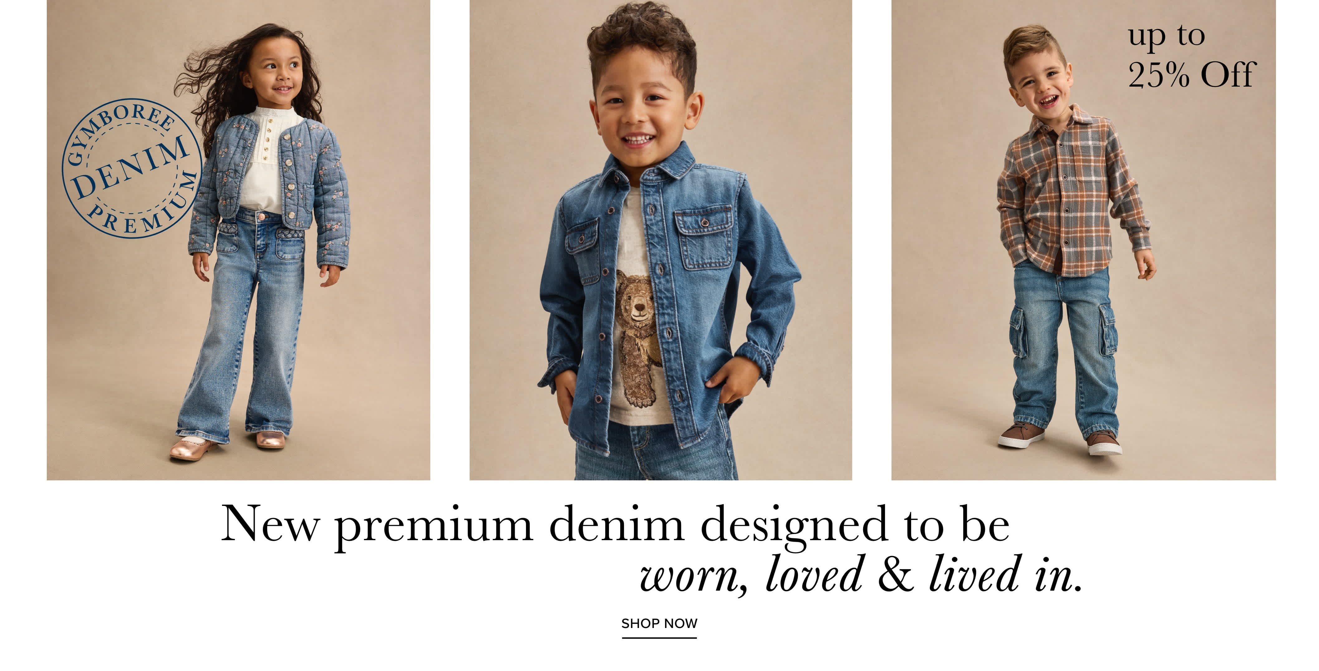 Three young models wearing various denim-based outfits, including a denim jacket, a plaid shirt, and a pair of jeans. The background features a plain, neutral-toned setting