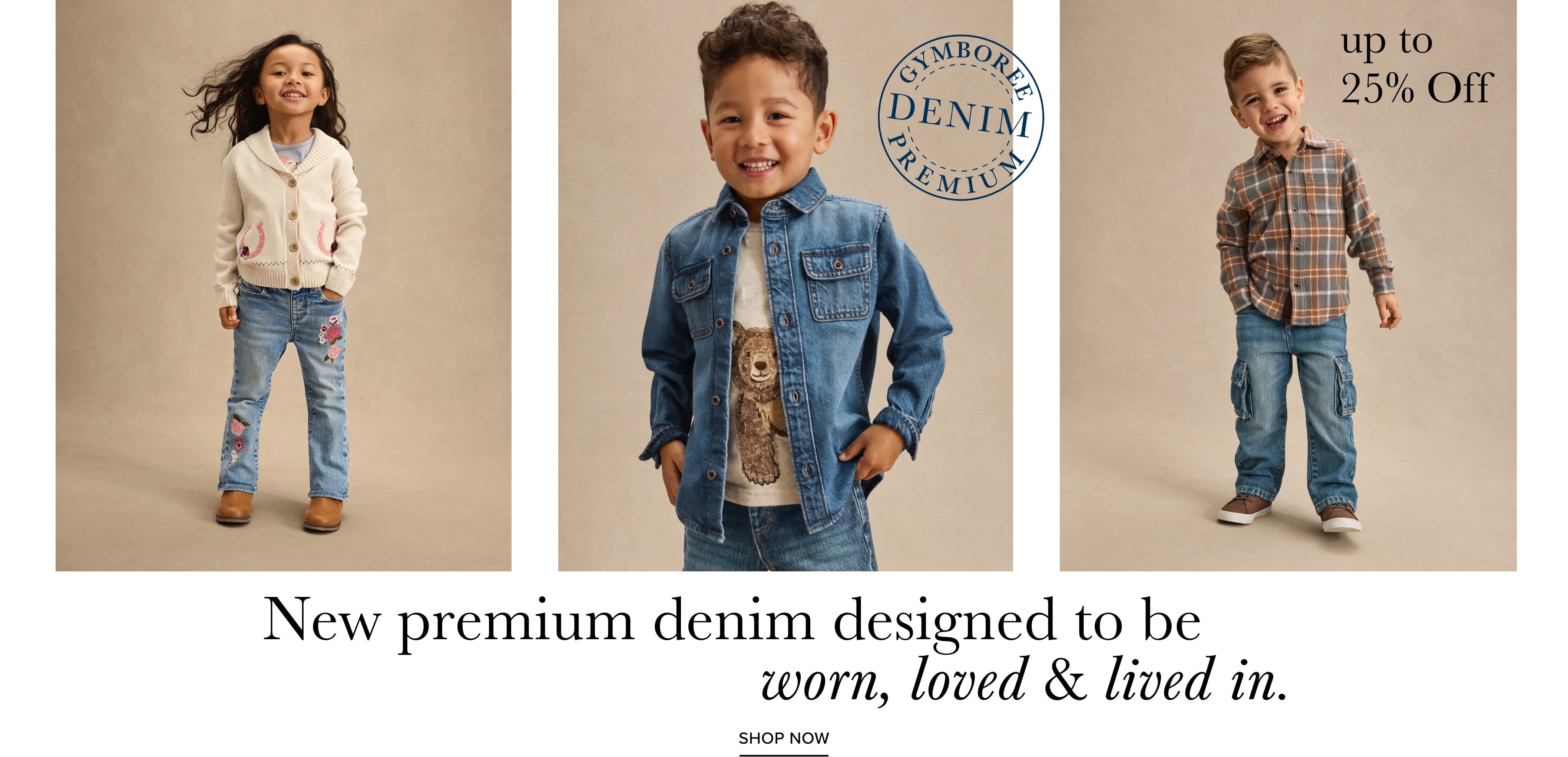 The image showcases three individuals, each wearing different denim-based outfits, against a backdrop that promotes a "new premium denim" collection designed to be worn, loved, and lived in.
