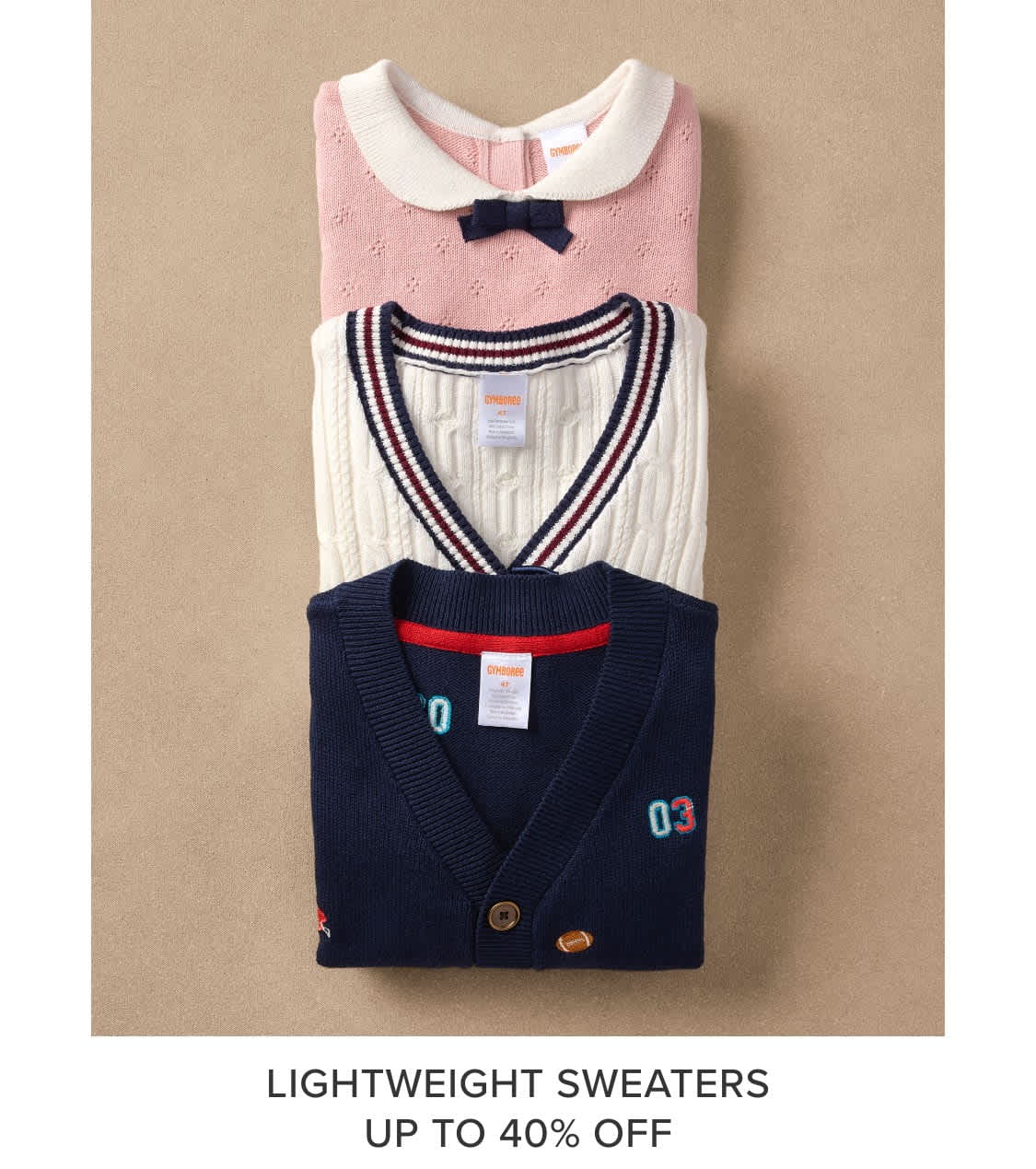 The image shows a collection of lightweight sweaters, including a pink sweater with a white collar and a navy blue sweater with a striped pattern, both displayed against a beige background.