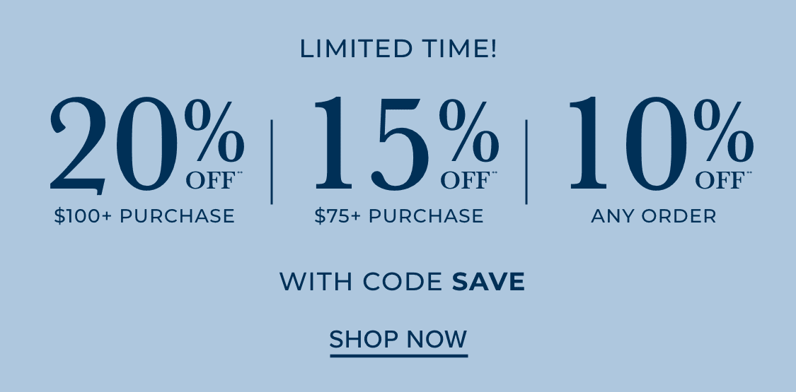 The image displays a promotional offer for a 15% discount on purchases over $75, with a limited-time code "SAVE" to be used.