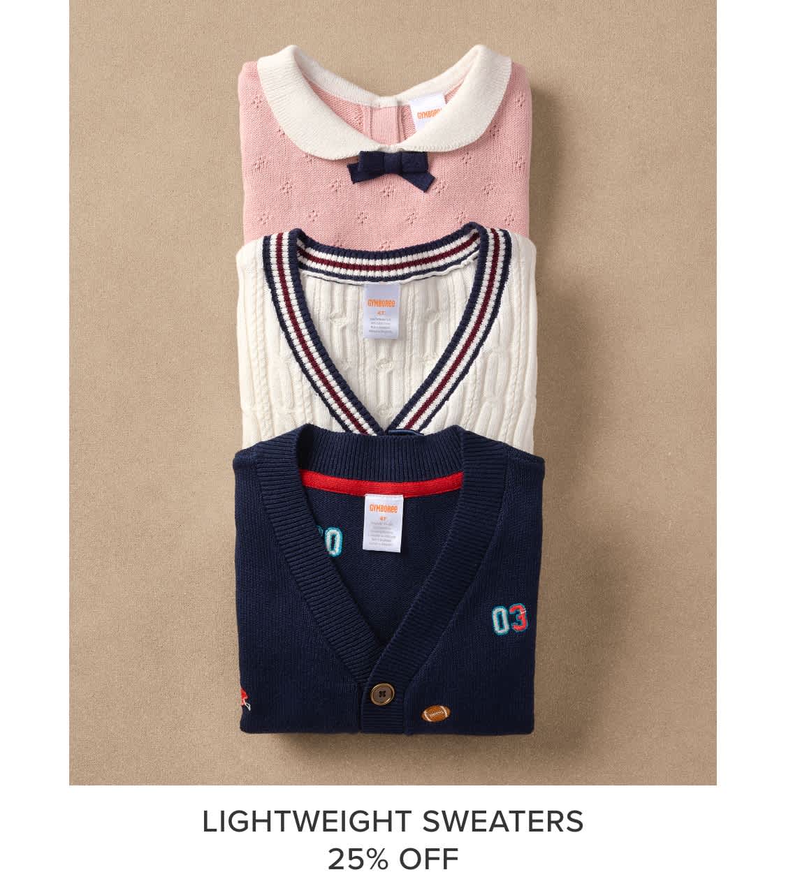 The image displays a collection of lightweight sweaters, including a pink sweater with a white collar and a navy blue sweater with a striped pattern, both of which appear to be on sale at a discounted price of 25% off.