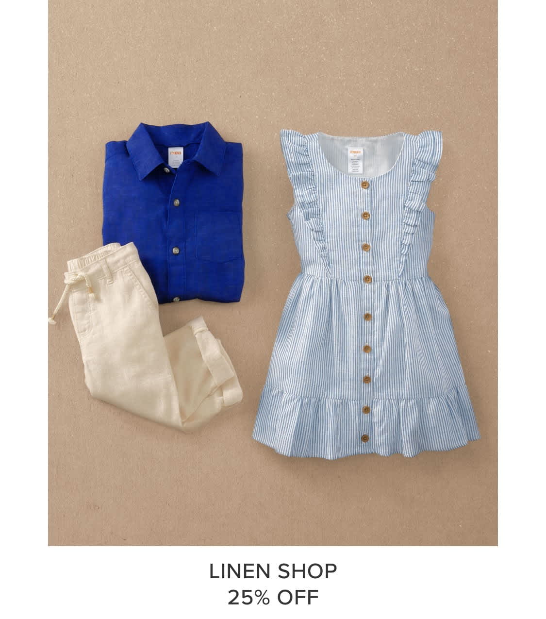 A blue collared shirt, a striped dress with ruffles, and a pair of beige pants are neatly arranged on a tan background.