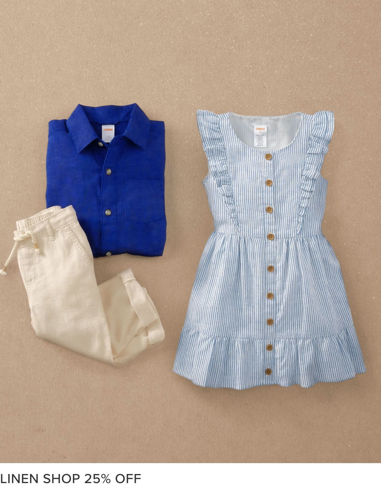 A blue collared shirt, a striped dress with ruffles, and a pair of white pants are neatly arranged on a beige background, showcasing a linen shop's 25% off promotion.