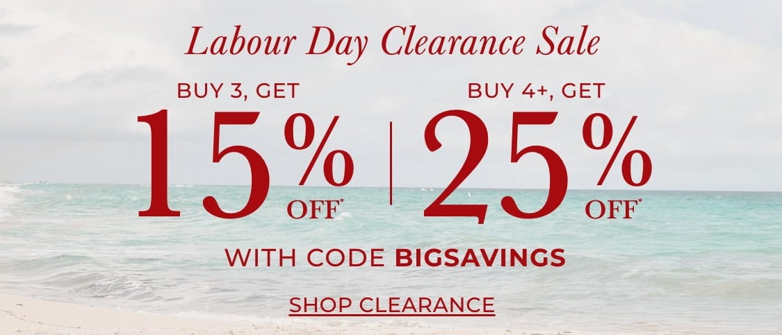 The image displays a Labor Day Clearance Sale advertisement, with text promoting discounts on purchases of 3 or more items, as well as 4 or more items. The background appears to be a textured, light blue surface.
