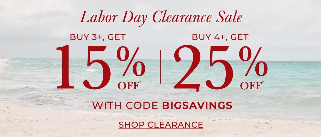 The image displays a Labor Day Clearance Sale advertisement, with text promoting discounts on purchases of 3 or more items, as well as 4 or more items. The background appears to be a textured, light blue surface.