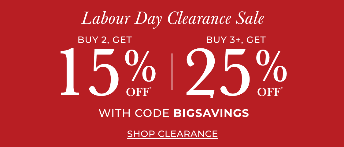 The image displays a Labor Day Clearance Sale advertisement, with text promoting discounts on purchases of 3 or more items, as well as 4 or more items. The background appears to be a textured, light blue surface.