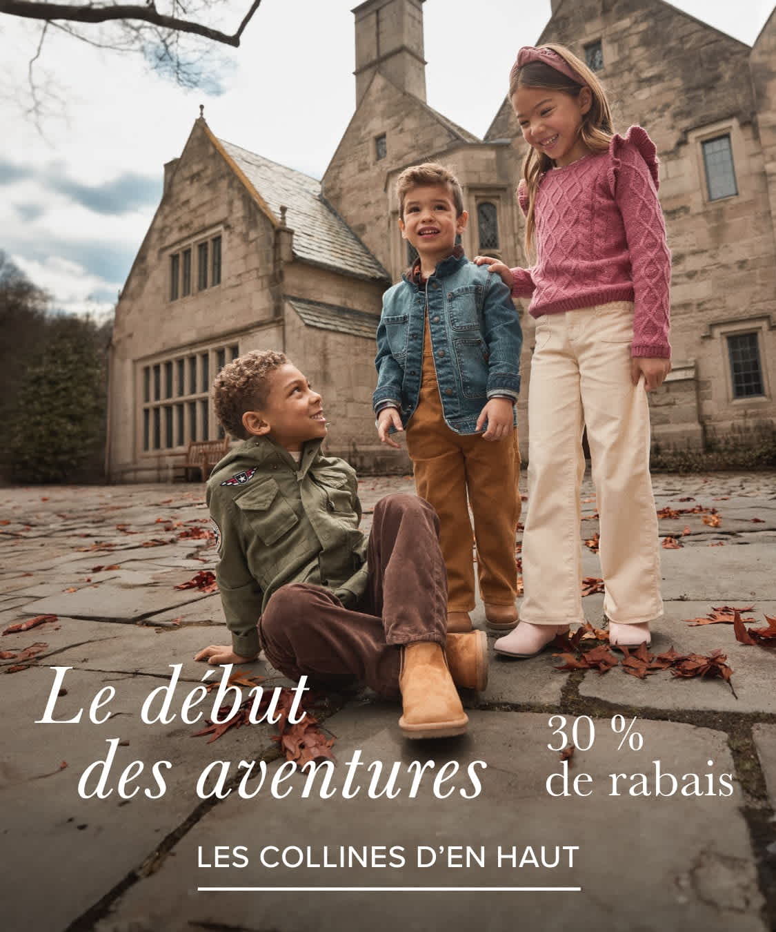 The image shows three young people, two girls and one boy, standing in front of a large, ornate stone building with a sign that reads "Adventures start here" and offers a 30% discount.