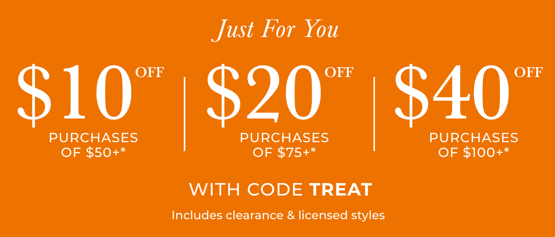The image displays a promotional offer for $20 off purchases of $75 or more, with the text "Just For You" and "WITH CODE TREAT" against an orange background.