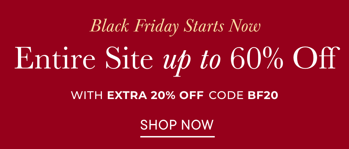 The image displays a red background with white text announcing a Black Friday sale, offering up to 60% off with an additional 20% off using the code "BF20".
