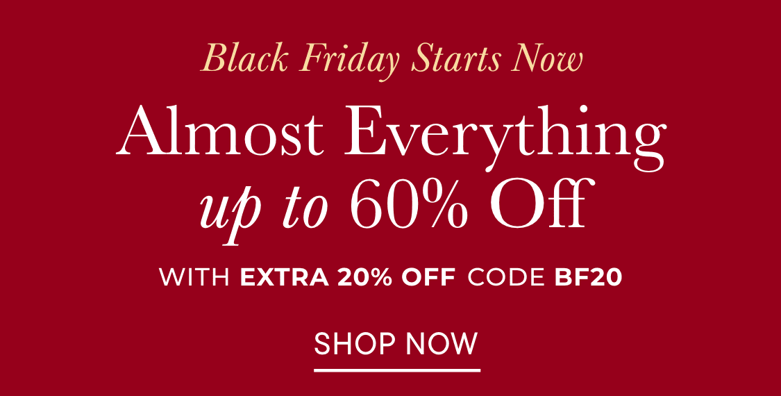 The image displays a red background with white text announcing a Black Friday sale, offering up to 60% off with an additional 20% off using the code "BF20".