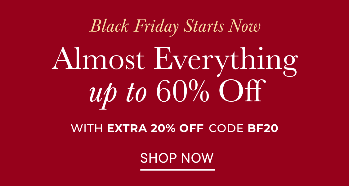 The image displays a red background with the text "Black Friday Starts Now" and "Everything up to WITH EXTRA 20% OFF CODE BF20" prominently featured, along with a "SHOP NOW" button.