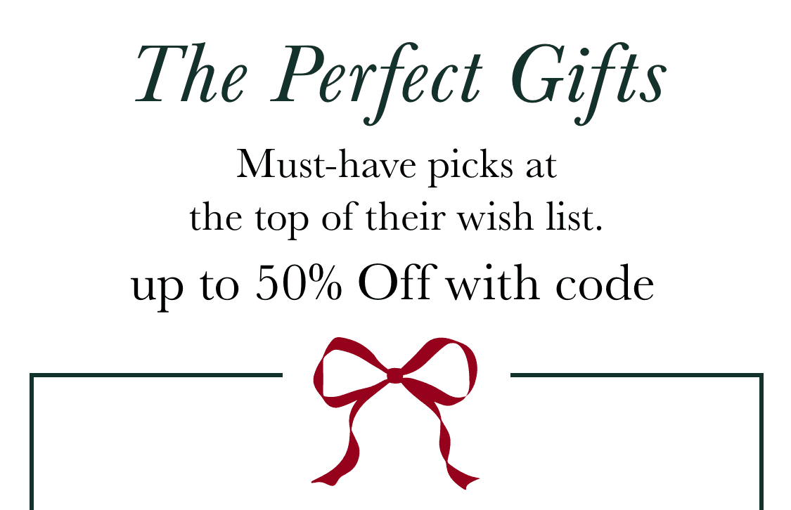 The image features the text "The Perfect Gifts" in a stylized font, along with a red ribbon bow in the foreground and a promotional message about up to 60% off with a code.