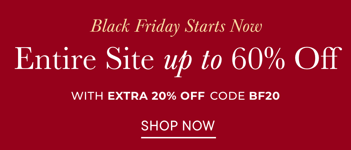 The image displays a red background with a promotional message for a Black Friday sale, offering up to 60% off with an additional 20% off using the code "BF20".