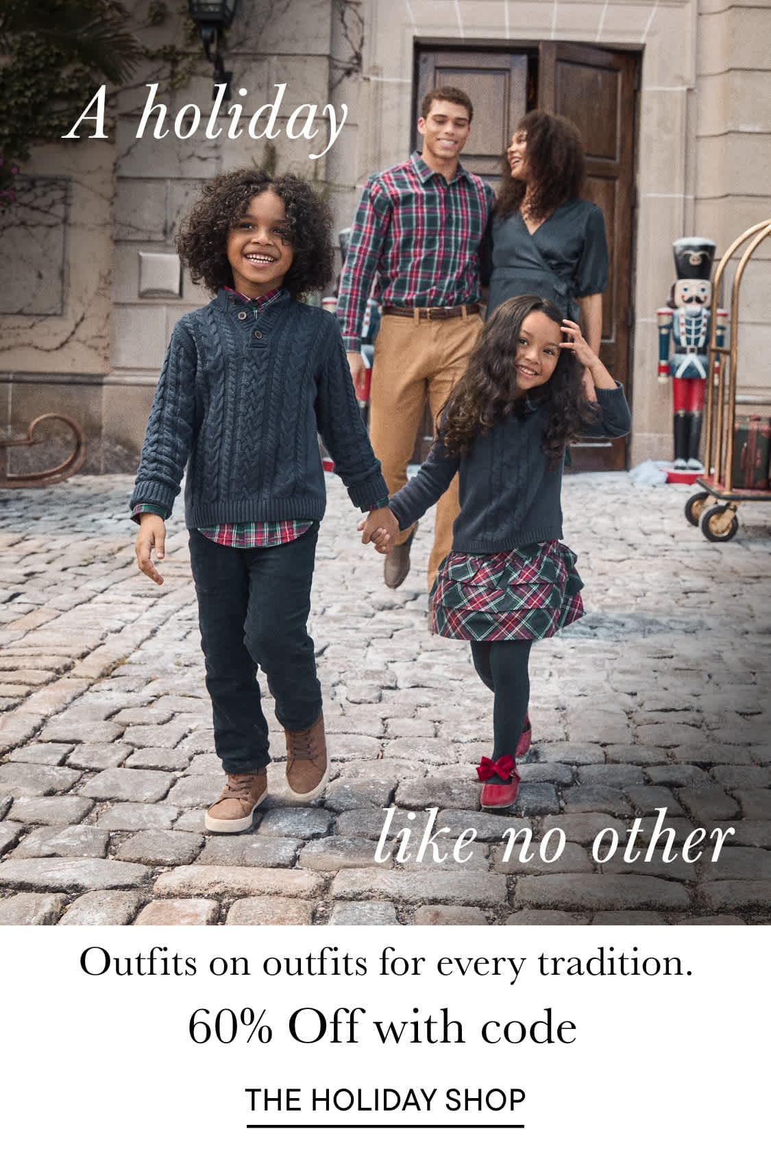 The image depicts a group of four young people, two men and two women, walking together with outfits off 60% with code.