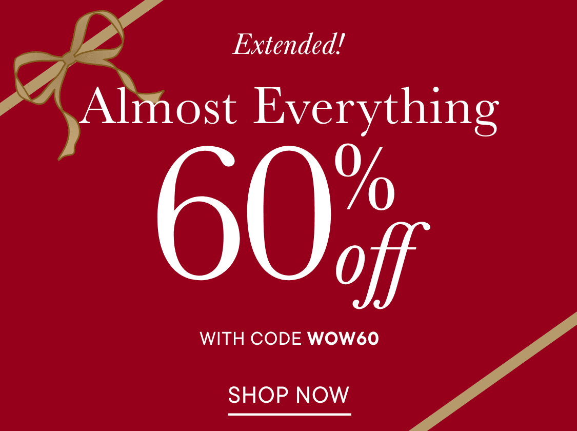 The image displays a red background with large white text announcing an extended sale offering 60% off "Almost Everything" with a promotional code "WOW60".