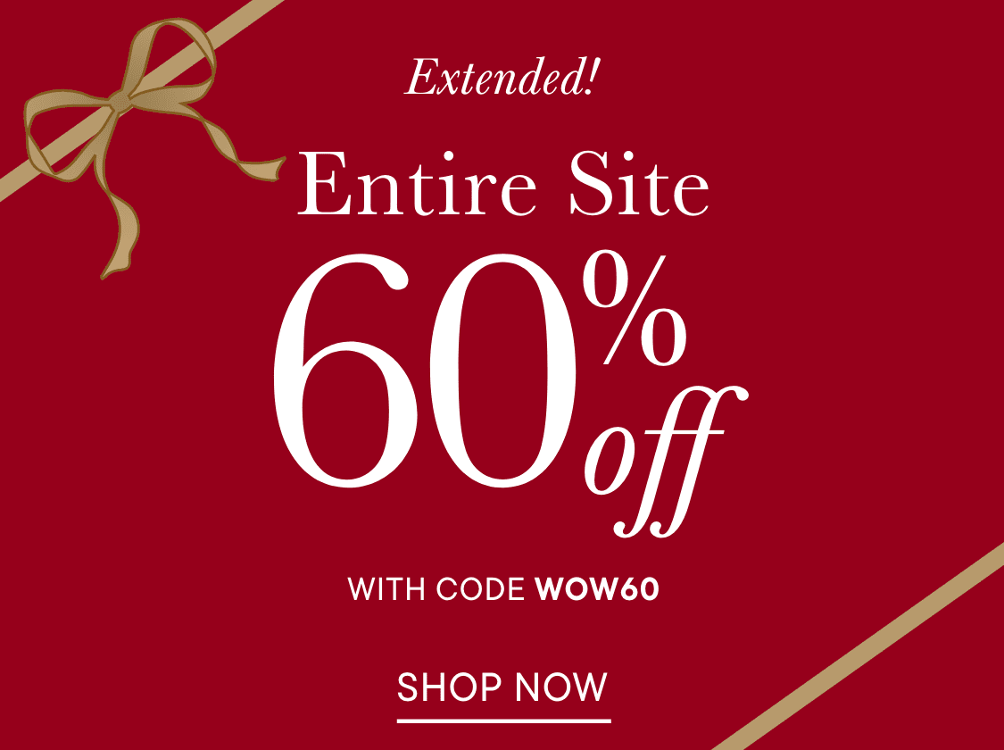 The image displays a red background with white text announcing an extended site-wide 60% off sale with the promotional code "WOW60".