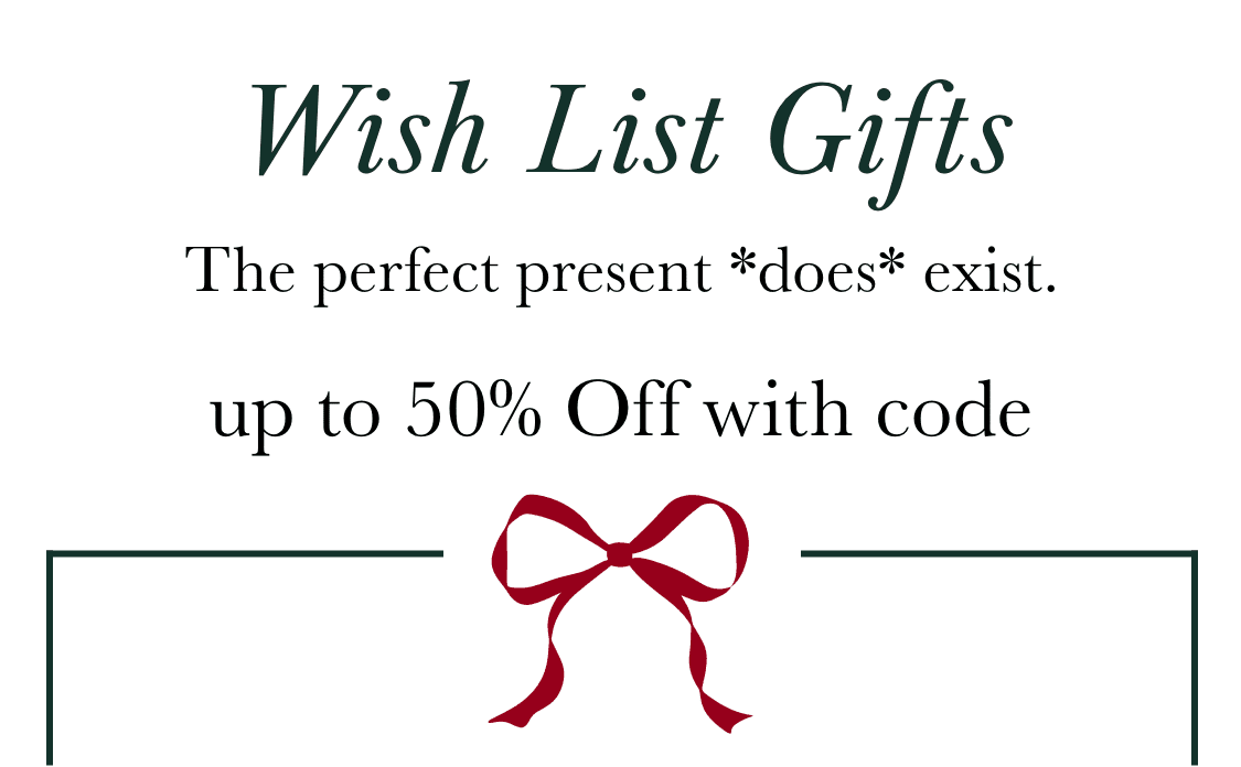 The image displays the text "Wish List Gifts" along with a large red ribbon in the foreground, indicating a promotional offer of 60% off with a code.