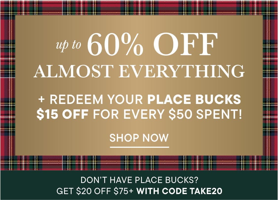 The image features a large text that reads "ALMOST EVE" against a background of a plaid or tartan pattern, with a promotional offer for "$15 OFF FOR EVERY $" displayed below the main text.