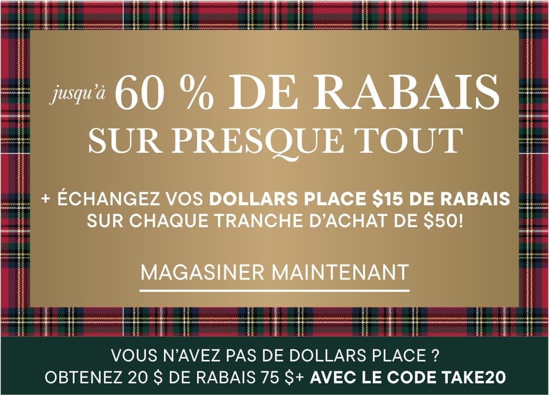 L'image présente un grand texte indiquant « PRESQUE VEILLE » sur un fond à carreaux ou tartan, avec une offre promotionnelle de « 15 $ DE RÉDUCTION POUR CHAQUE $ » affichée sous le texte principal.