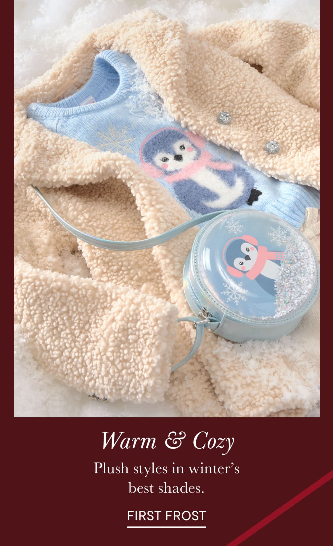 The image depicts a cozy and warm winter scene, featuring a plush, beige-colored blanket or throw with a cute, cartoon-like penguin design on it, along with a matching circular container or dish, all set against a soft, textured background.
