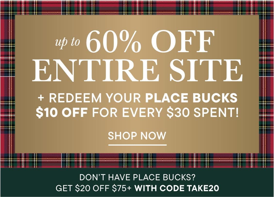 The image displays a promotional advertisement offering a $10 discount on purchases for every $75 spent, with a plaid pattern background.