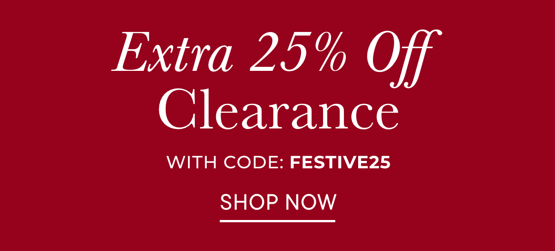 The image displays a red background with large white text that reads "25% Off Clearance" along with a promotional code "FESTIVE25" and a call-to-action "SHOP NOW".