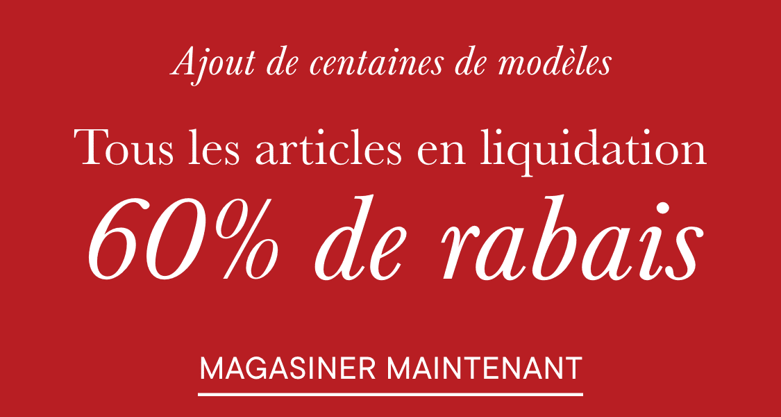 L'image affiche le texte « Des centaines de nouveaux modèles » et «Liquidation 60 » sur un fond rouge vif, avec un bouton d'appel à l'action « ACHETER MAINTENANT ».