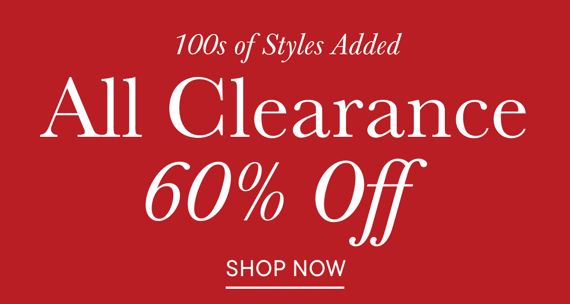 The image displays the text "100s of Styles Added" and "Clearance 60%" against a bright red background, with a "SHOP NOW" call-to-action button.