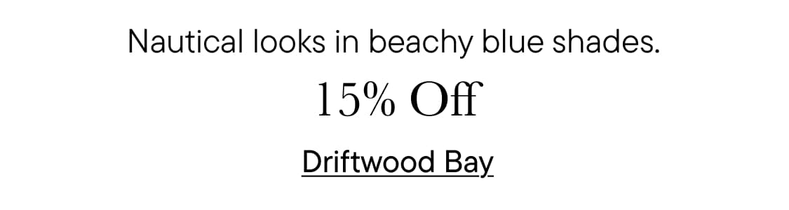 The image displays a promotional advertisement for a beachy blue shade of sunglasses, offering a 25% discount at Driftwood Bay.