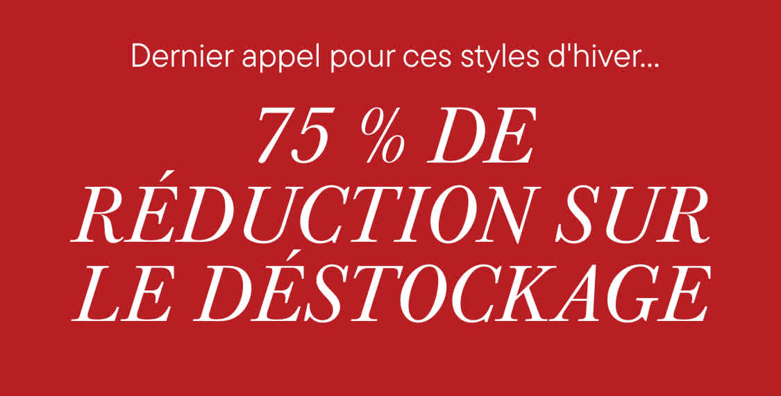 L'image affiche le texte « 75 % de réduction sur les articles en Liquidation» en grandes lettres blanches sur un fond rouge vif.