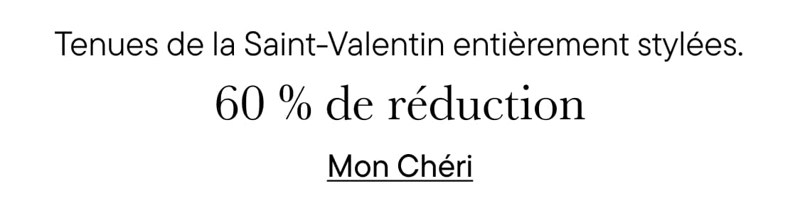 L'image présente une publicité promotionnelle pour des tenues de Saint-Valentin, offrant une réduction de 30 % dans la boutique de vêtements Mon Cheri.