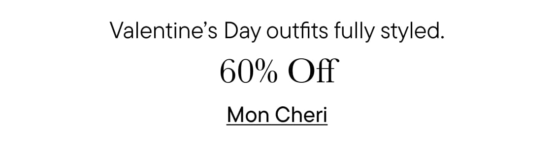 The image displays a promotional advertisement for Valentine's Day outfits, offering a 30% discount at the Mon Cheri clothing store.