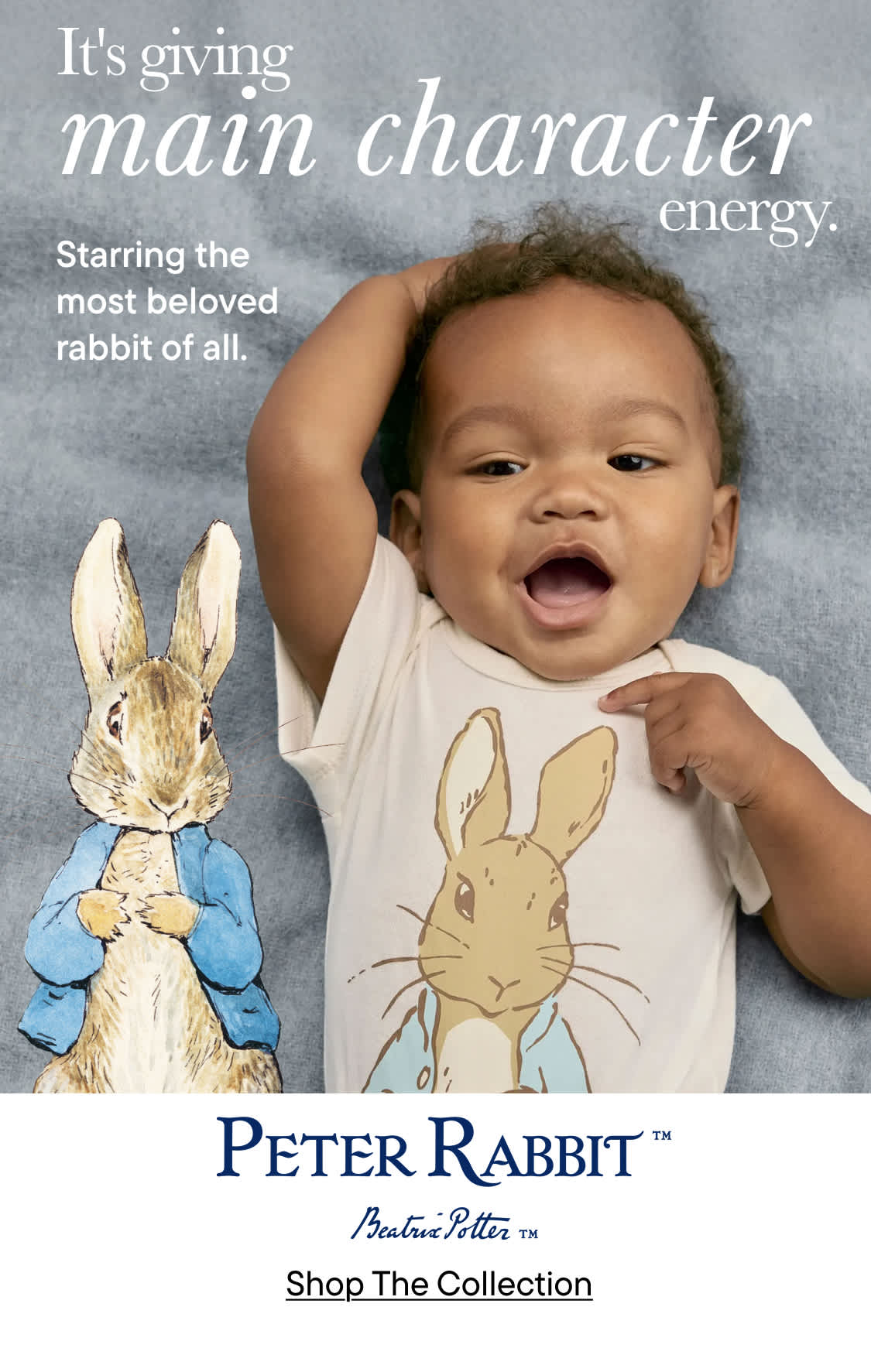 The image features a close-up of a smiling baby wearing a white outfit and surrounded by illustrations of Peter Rabbit and butterflies against a gray background.