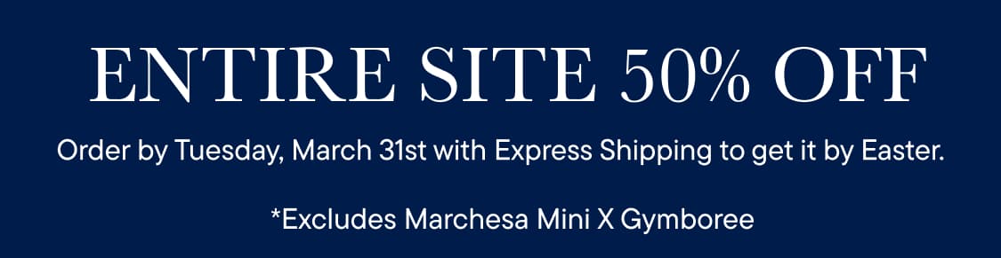 The image displays the text "Tuesday, March 31st" in large white letters against a deep blue background, with the additional text "Includes Marchesa Mini X Gymbo" below.