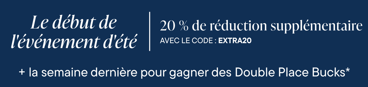 L'image affiche le texte « 20 % de réduction supplémentaire » en grandes lettres blanches sur fond bleu foncé, ainsi que le code promotionnel « EXTRA20 + semaine dernière » en dessous.