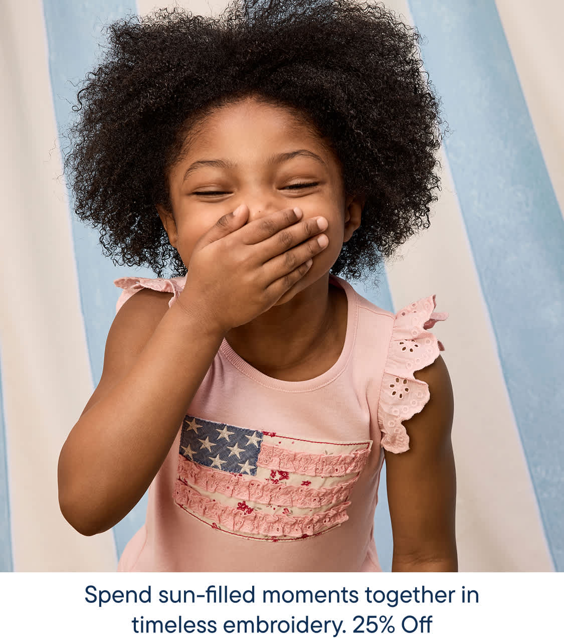 A young girl with curly hair covering her mouth, smiling against a plain blue background, with text suggesting spending carefree moments together.