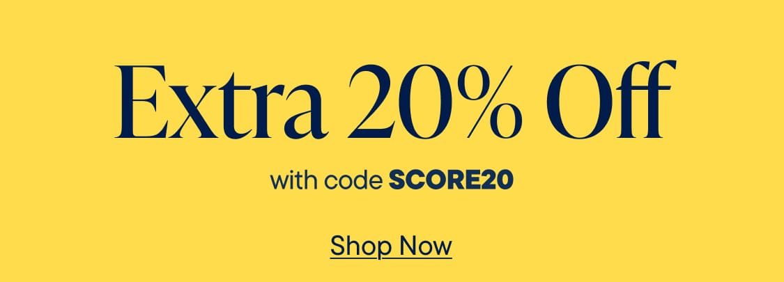 The image displays the text "Extra20% Off with code SCORE20" in large, bold letters against a bright yellow background.