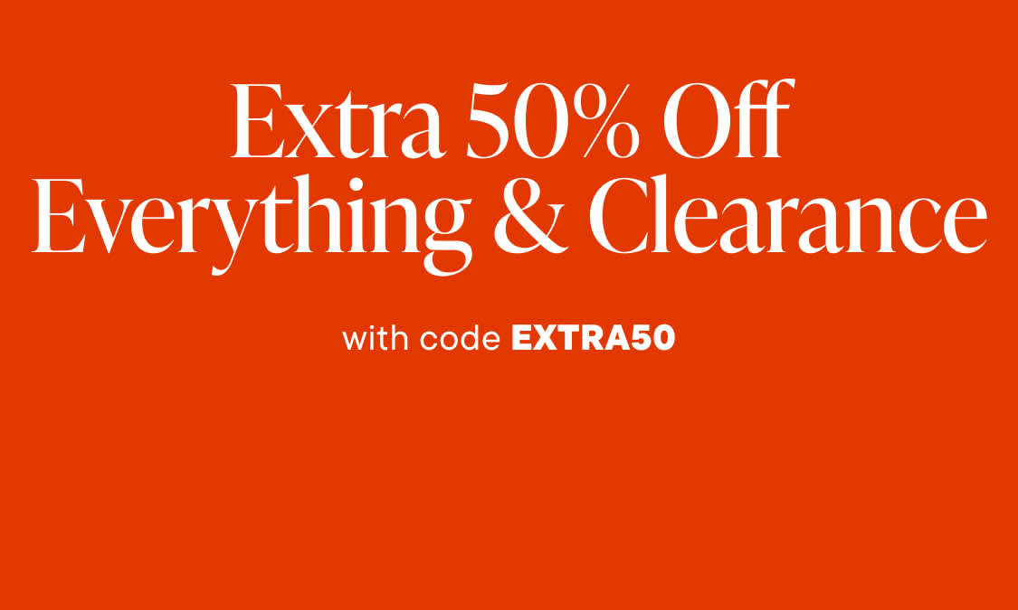 The image displays the text "Extra 50% Off Sitewide & Clearance with code extra50" in large white letters against a bright red background.