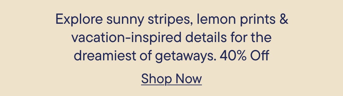 A beige background displays text about sunny stripes and lemon prints, with a "Shop Now" button below.