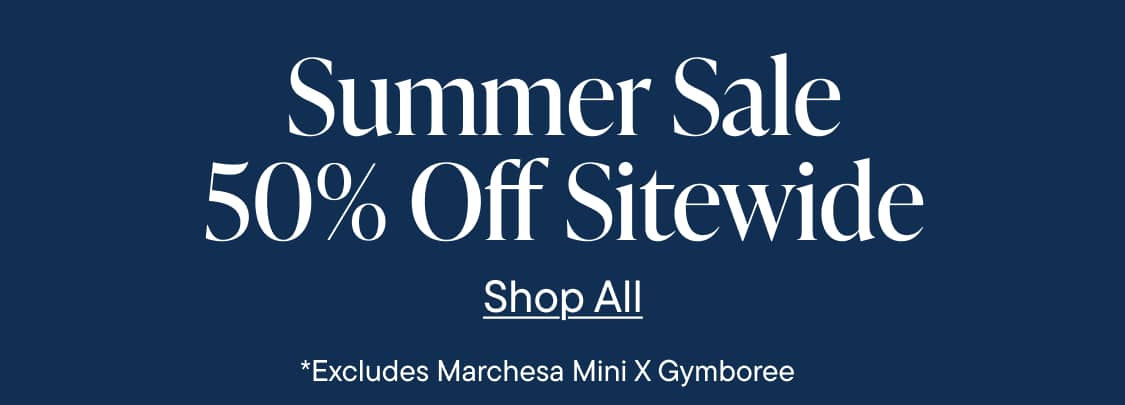 The image displays the text "Summer Sale | 50% Off Sitewide *Excludes Marchesa Mini X Gymboree. "  in white letters against a bright navy background.