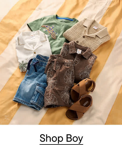 A collection of children's summer clothing, including shirts, shorts, and sandals, is neatly arranged on a striped yellow and white background.