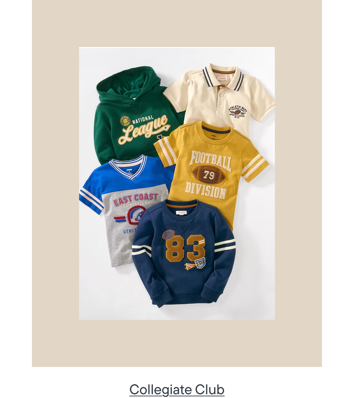 Five collegiate-style shirts are arranged on a light beige background.