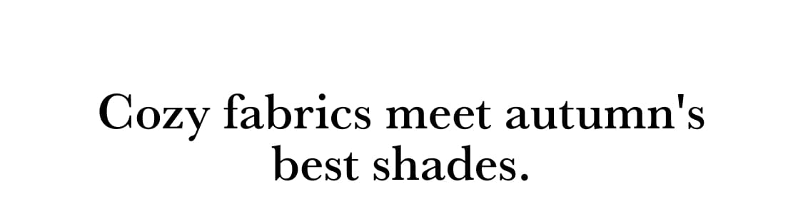 Black text reading "Cozy fabrics meet autumn's best shades." centered on a plain white background.