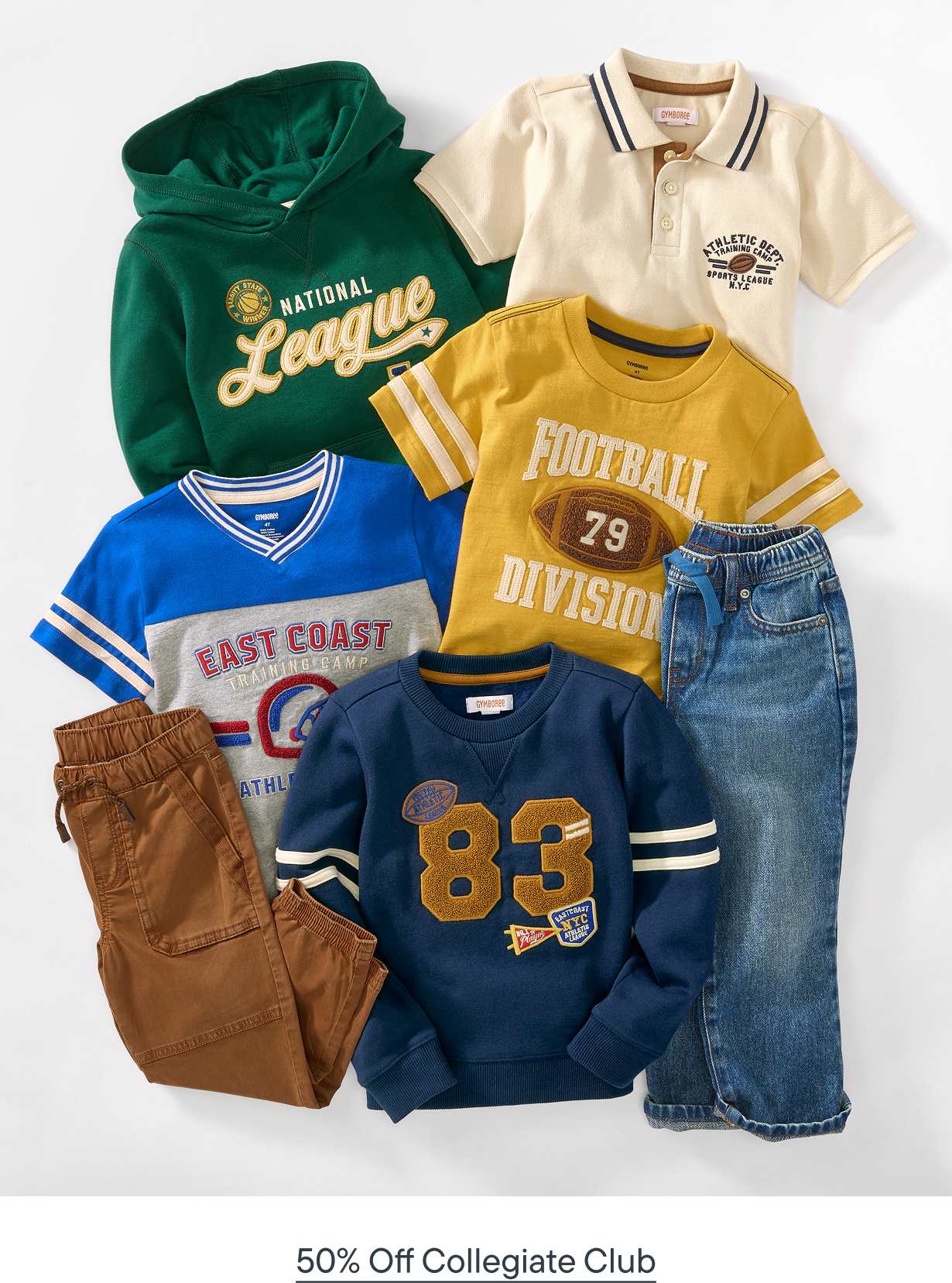 A collection of collegiate-style children's clothing, including hoodies, shirts, and pants, is arranged on a plain white background.