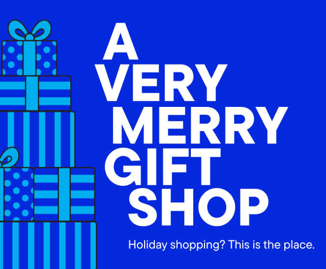 A stack of blue patterned gift boxes sits to the left of white text on a solid blue background.