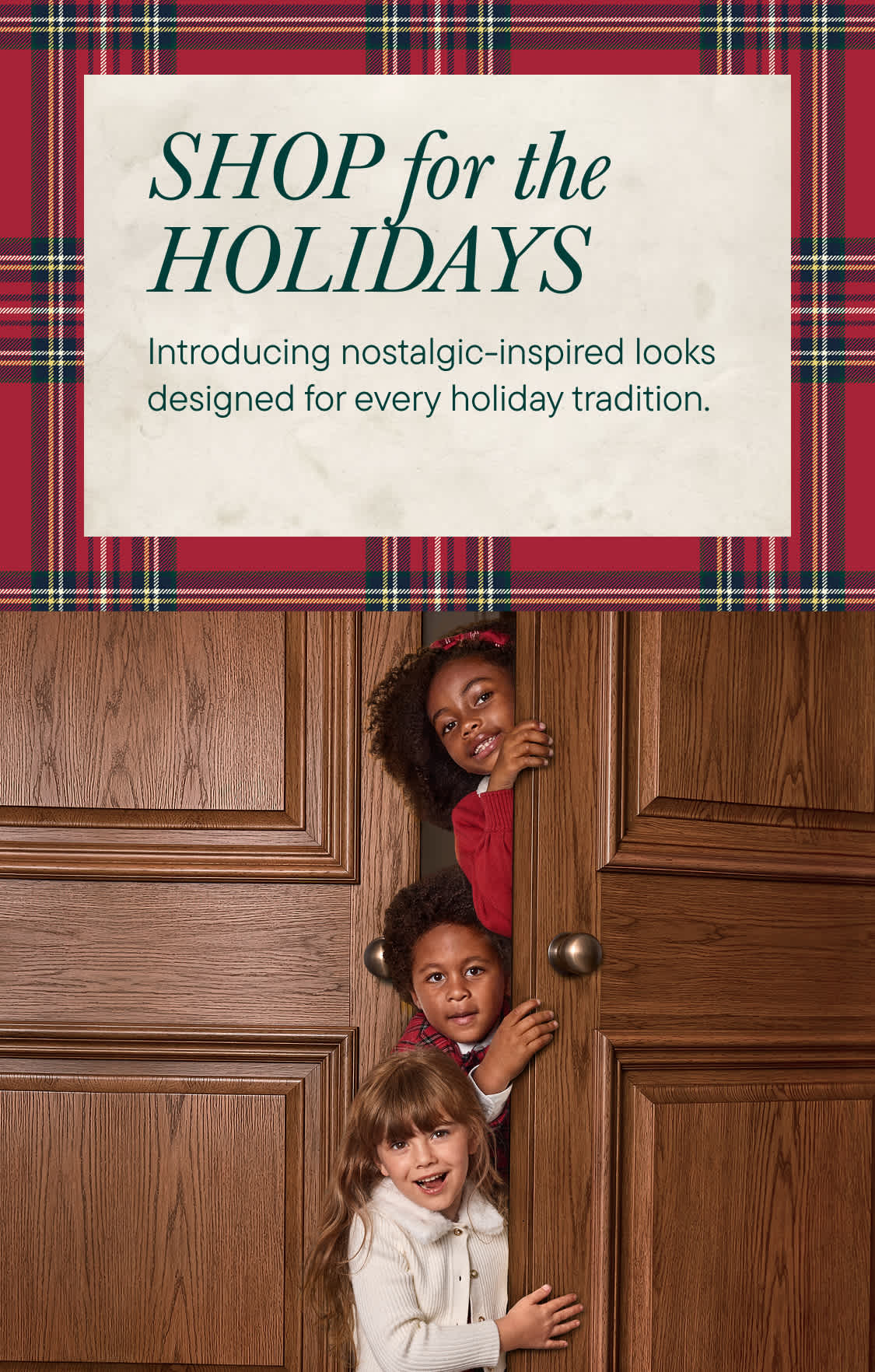 Three children peek through a partially open wooden door next to a red plaid background featuring a holiday shopping advertisement.