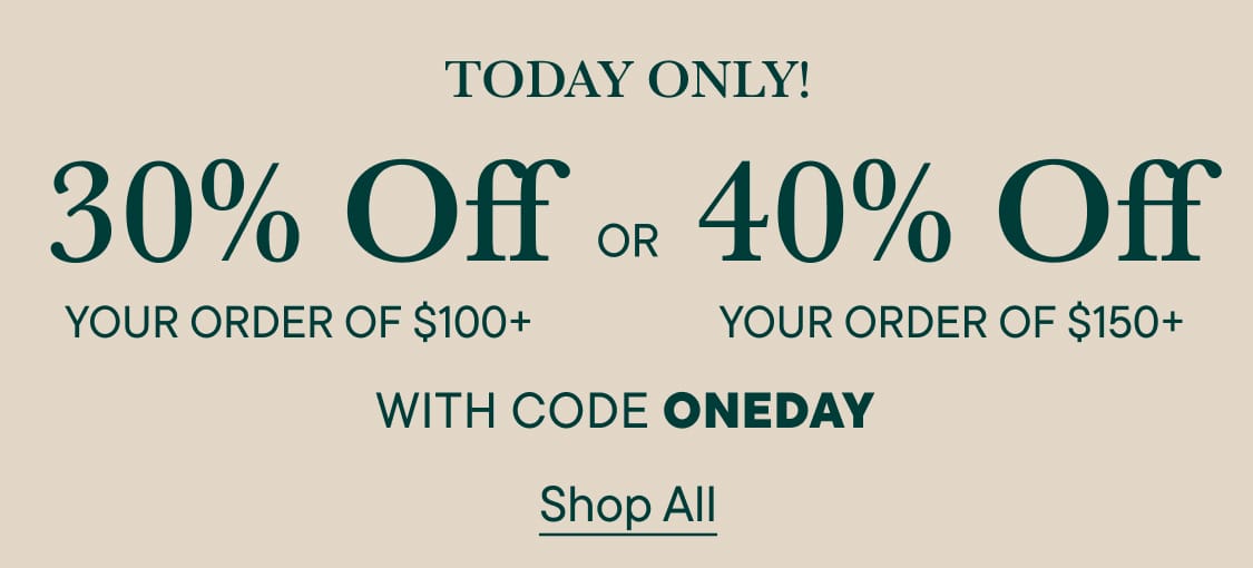 Promotional text offering 30% or 40% off discounts with a code is displayed in dark lettering against a plain, light beige background.