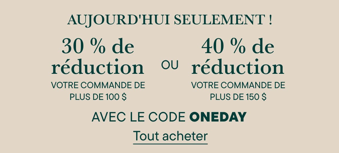 Un texte promotionnel offrant des réductions de 30 % ou 40 % avec un code est affiché en caractères foncés sur un fond beige clair uni.