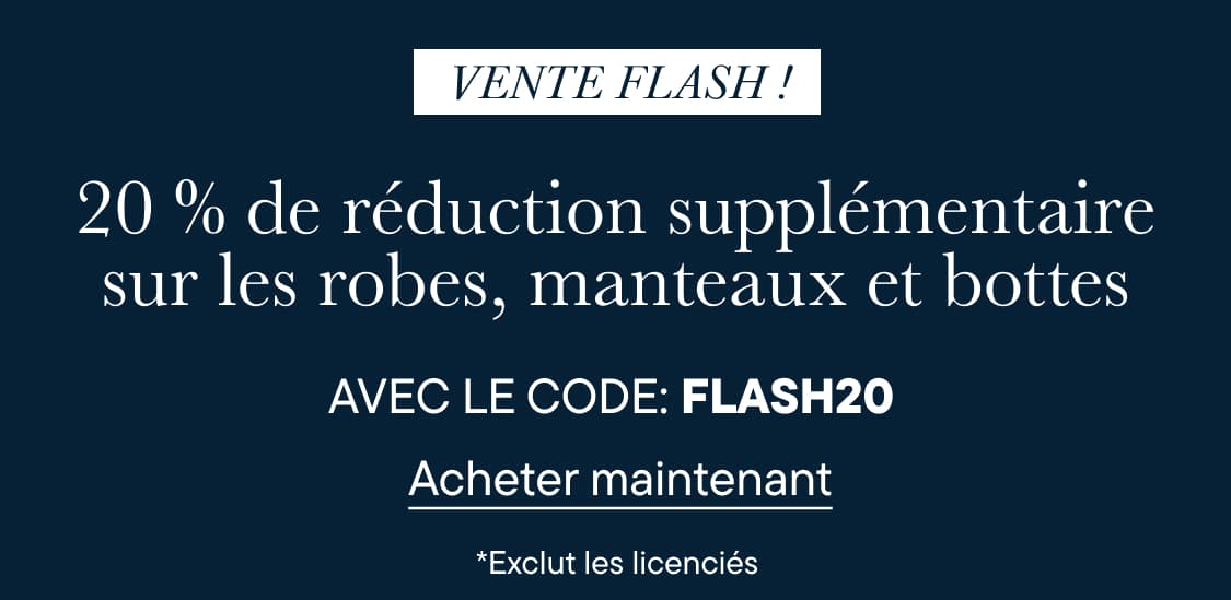 Un texte blanc annonçant une vente flash de robes, de vêtements d'extérieur et de bottes se détache sur un fond bleu marine foncé.